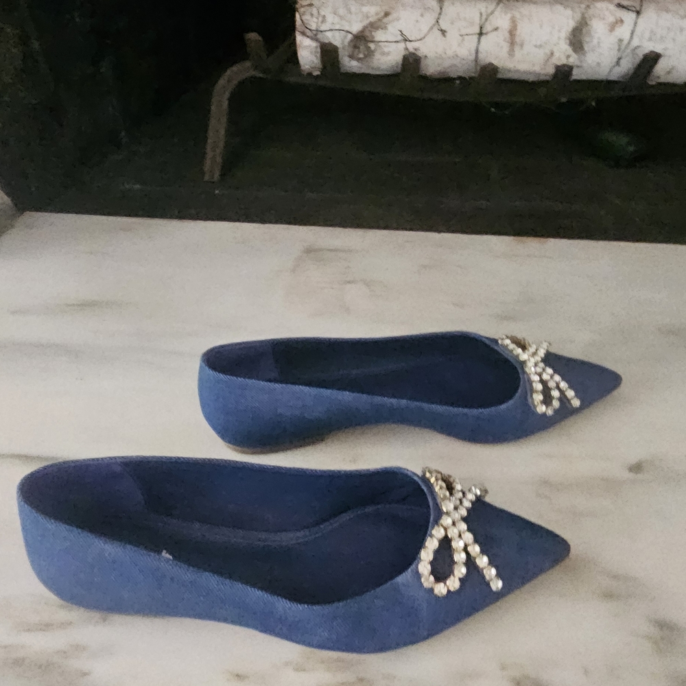 Larroude Denim Blue Flats with Pearl Bow